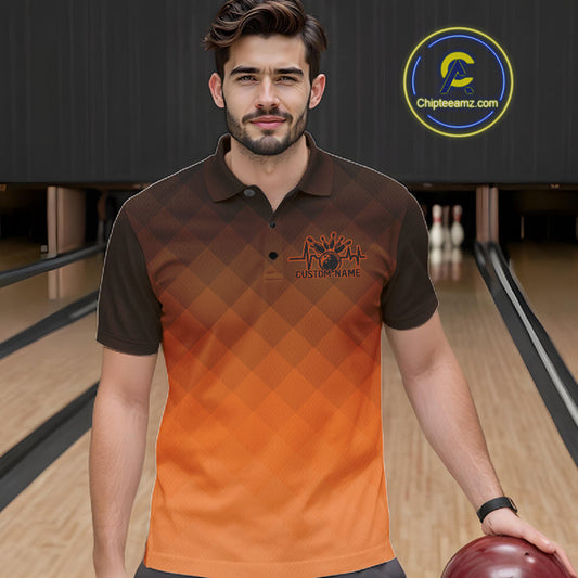 Bowling Heartbeat Pulse Line Orange Argyle Custom Bowling Team Polo Shirts For Men IPHW10666