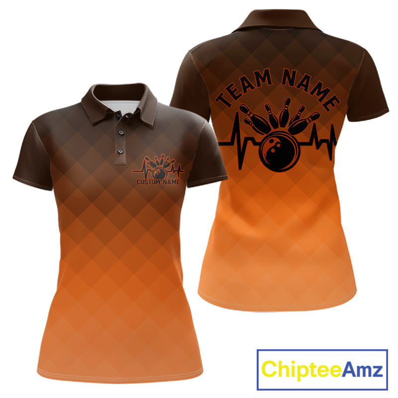 Bowling Heartbeat Pulse Line Orange Argyle Custom Bowling Team Polo Shirts For Women IPHW10666