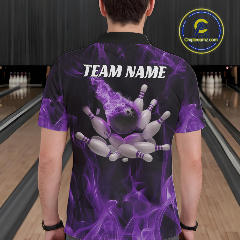 Back view of a male model in a bowling alley wearing a black and purple polo featuring bowling strike artwork and flame background.