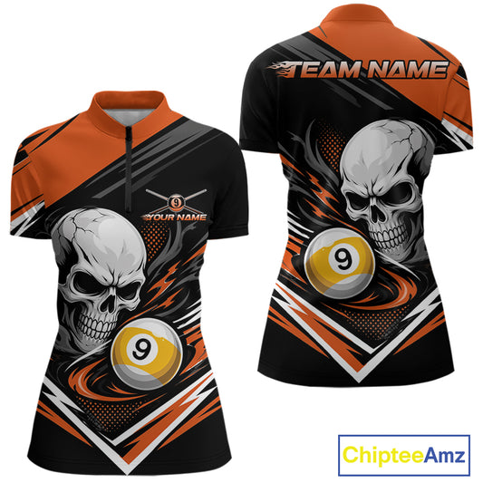 Custom Black And Orange 9 Ball Skull Billiards Women Quarter-Zip Shirt, Pool Team Shirt IPHW11742