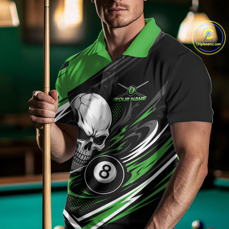 Custom Black And Green 8 Ball Skull Billiards Men Polo Shirt, Pool Team Shirt IPHW11748