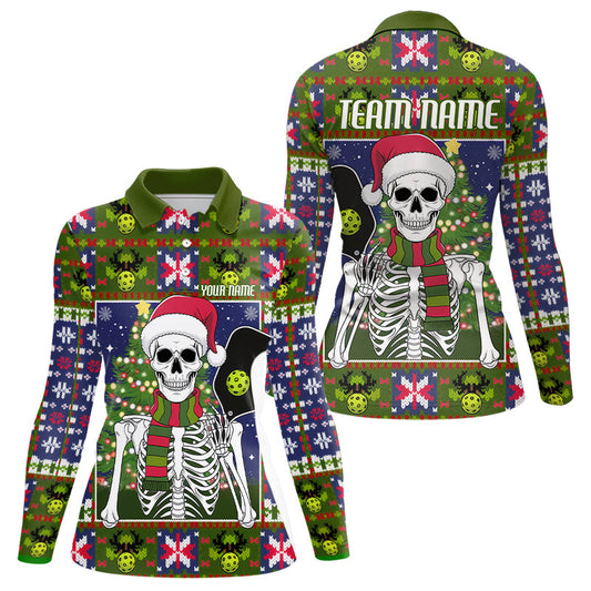 Funny Custom Ugly Sweater Pattern Skull Christmas Ladies Pickleball Long Sleeve Polo Shirts IPHW8087