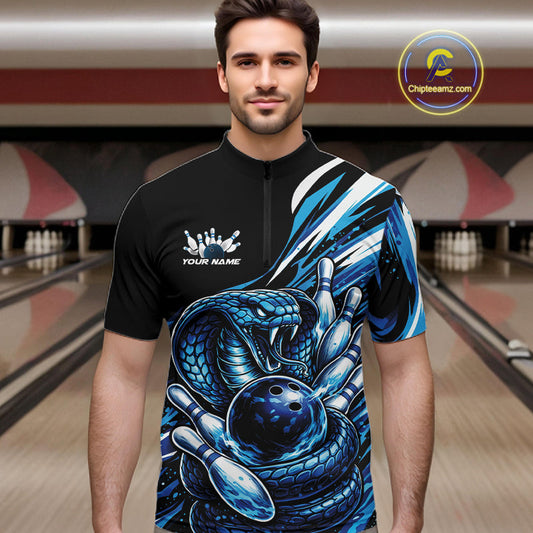 Custom Black And Blue Cobra Snake Men Bowling Quarter-Zip Shirts, Cobra Bowling Jerseys IPHW10371