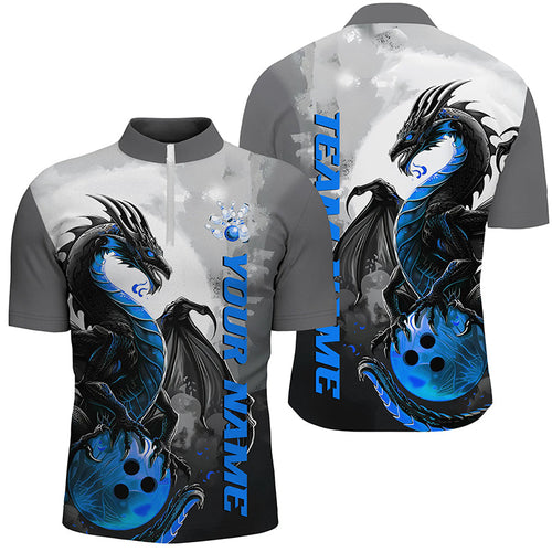 Black And Blue Custom Dragon Bowling Shirts For Men, Dragon Bowling Team Shirts IPHW7059