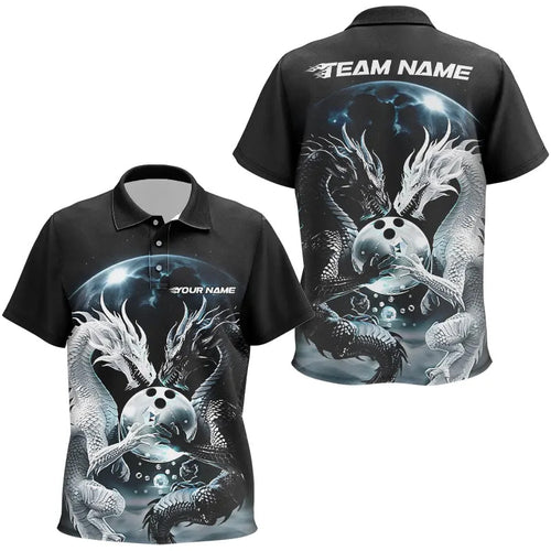Black And White Dragon Custom Bowling Polo Shirts For Kid, Dragon Bowling League Shirt IPHW7064