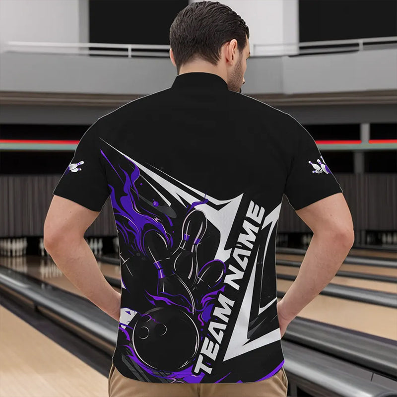 Custom Black And Purple Flame Strike Bowling Quarter-Zip Shirts For Men, Strike Bowling Jerseys IPHW8315