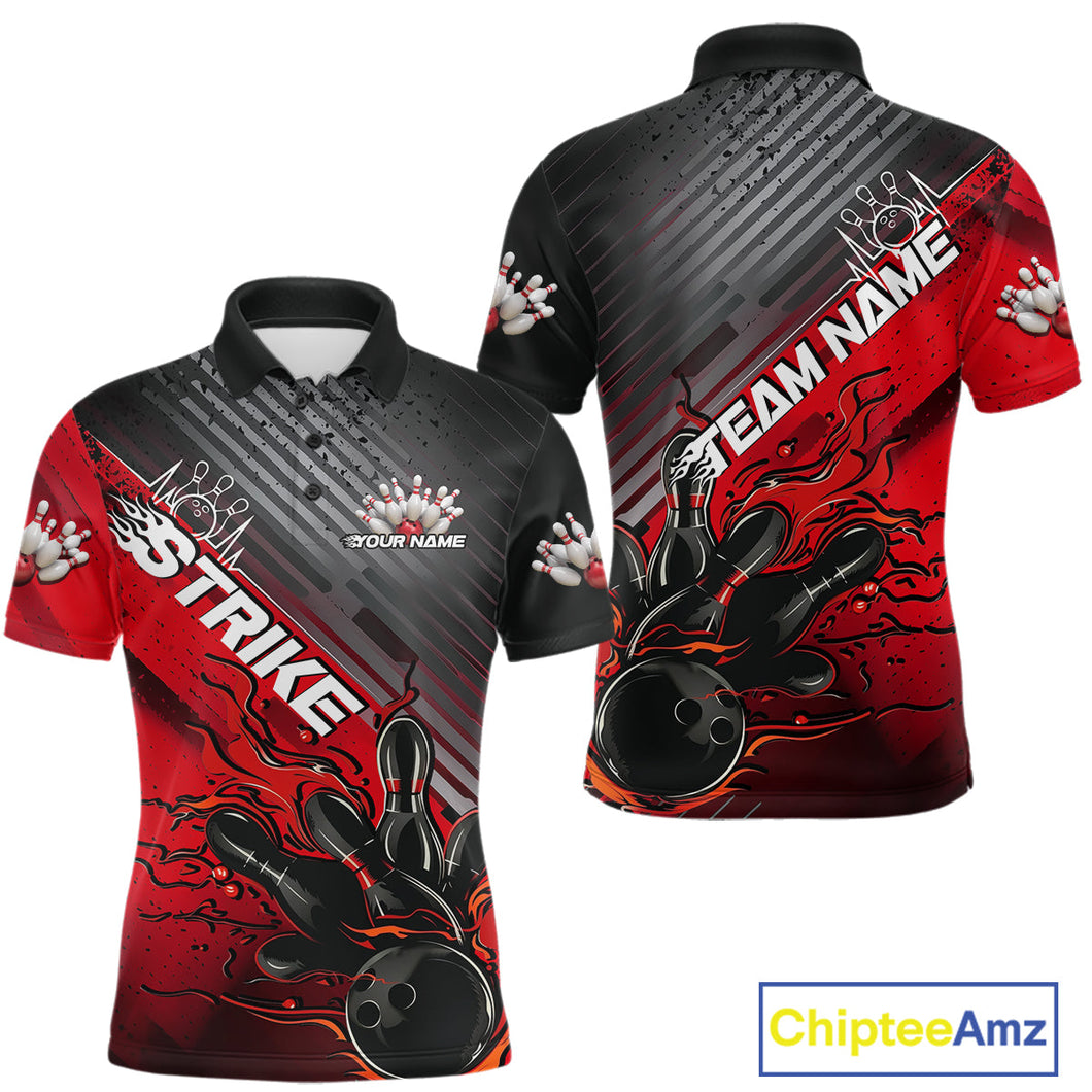 Custom Red Strike Flame Bowling Polo Shirts For Men, Bowling Team Shirt Bowlers Outift IPHW9615