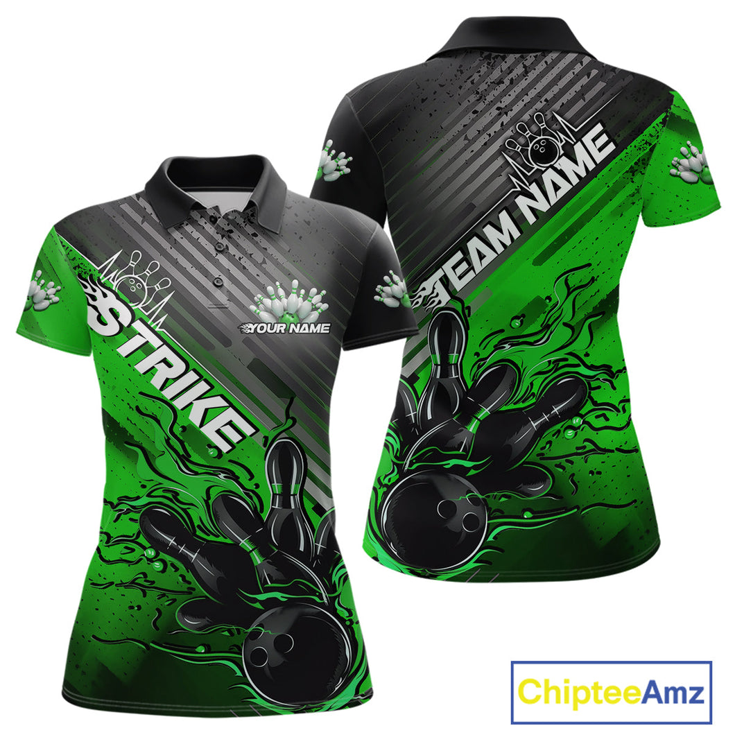 Custom Green Strike Flame Bowling Polo Shirt For Women, Bowling Team Shirt Bowlers Outift IPHW9616