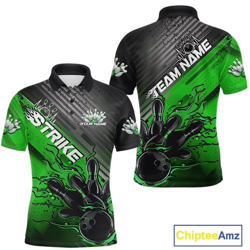 Custom Green Strike Flame Bowling Polo Shirts For Men, Bowling Team Shirt Bowlers Outift IPHW9616