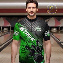 Load image into Gallery viewer, Custom Green Strike Flame Bowling Quarter-Zip Shirts For Men, Bowling Team Shirt Bowlers Outift IPHW9616