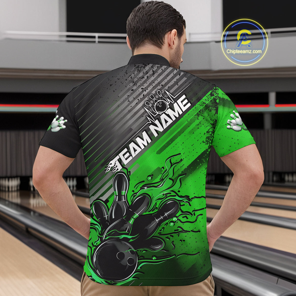 Custom Green Strike Flame Bowling Quarter-Zip Shirts For Men, Bowling Team Shirt Bowlers Outift IPHW9616