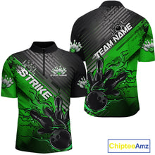 Load image into Gallery viewer, Custom Green Strike Flame Bowling Quarter-Zip Shirts For Men, Bowling Team Shirt Bowlers Outift IPHW9616