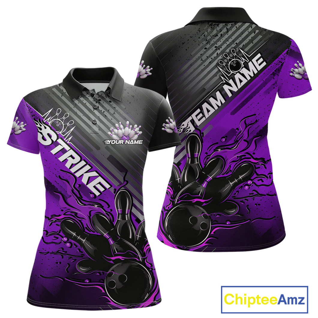 Custom Purple Strike Flame Bowling Women Polo Shirt, Bowling Team Shirt Bowlers Outift IPHW9617