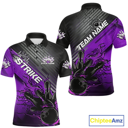 Custom Purple Strike Flame Bowling Polo Shirts For Men, Bowling Team Shirt Bowlers Outift IPHW9617
