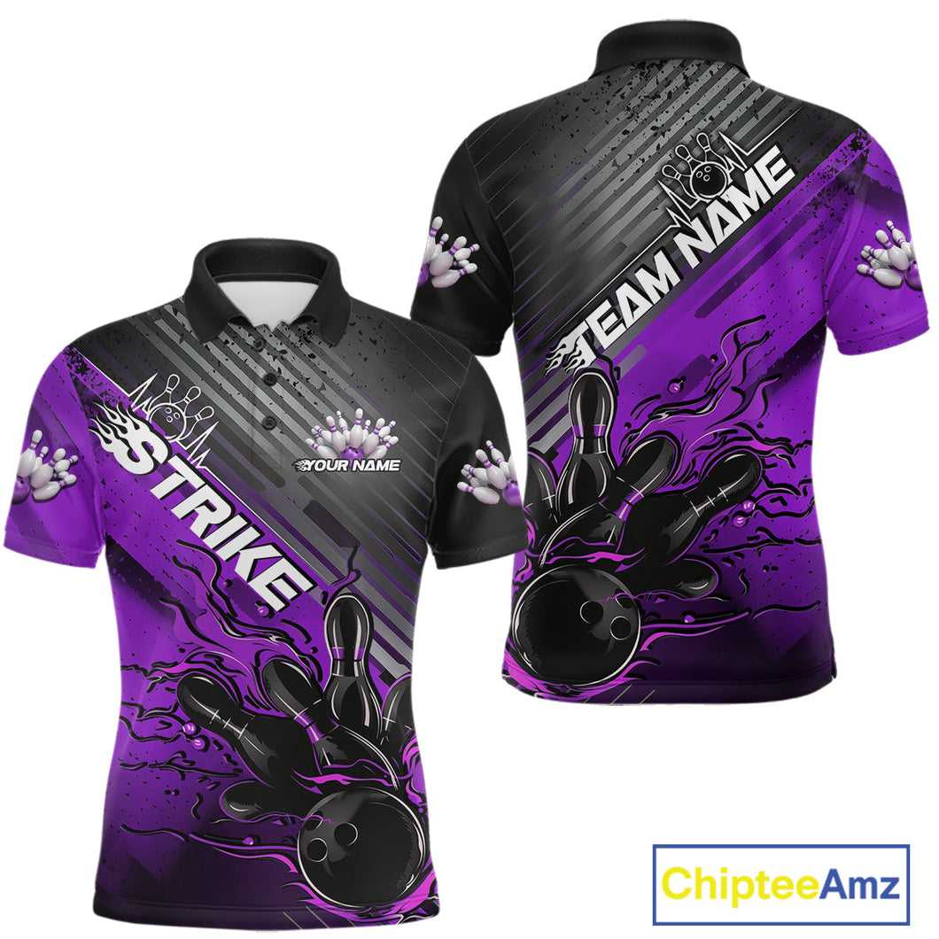 Custom Purple Strike Flame Bowling Polo Shirts For Men, Bowling Team Shirt Bowlers Outift IPHW9617