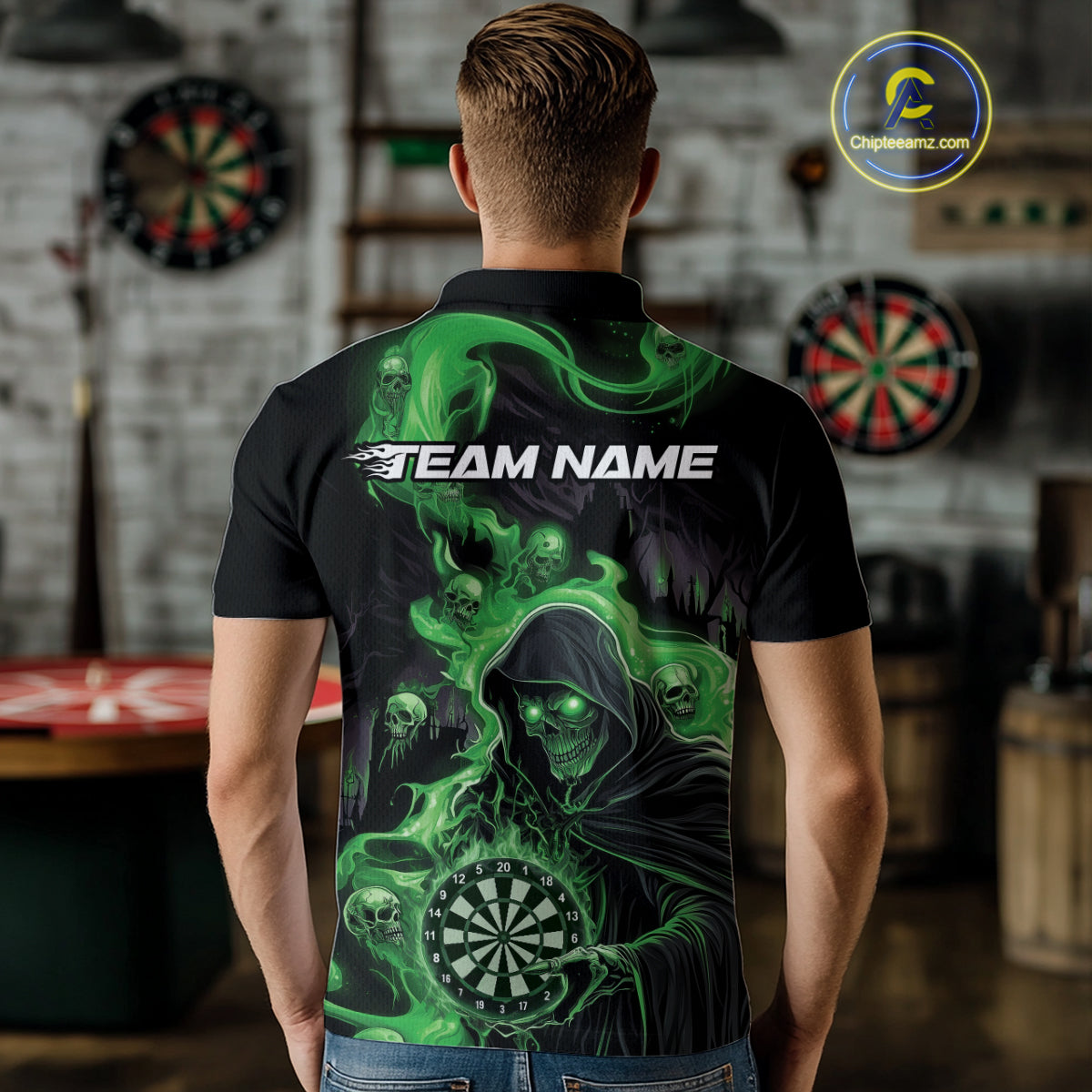 Custom Green Fire Flame Grim Reaper Dart Men Polo Shirts, Dart Team Halloween Outfits IPHW9983