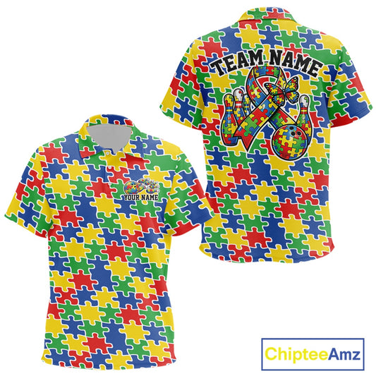 Kid polo shirt mockup front and back showcasing seamless multicolor puzzle piece print in red, blue, green, and yellow tones
