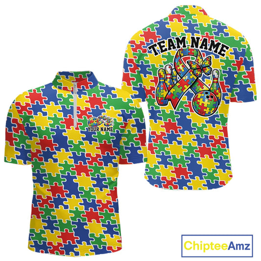 Front and back view of a men’s quarter-zip bowling shirt mockup featuring seamless multicolored puzzle piece print in red, blue, green, and yellow.