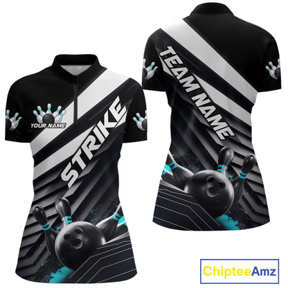 Custom Black And Blue Strike Bowling Quarter-Zip Shirts For Women, Bowling Team Uniform IPHW9628