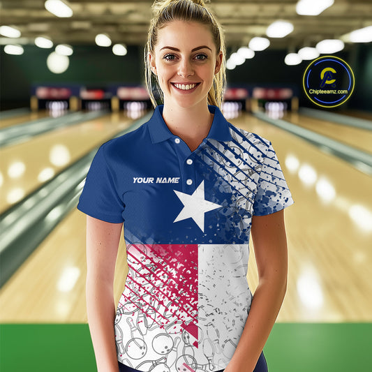 Custom Grunge Texas Flag Bowling Team Women Polo Shirt, Texas Bowling Tournament Shirt IPHW9633
