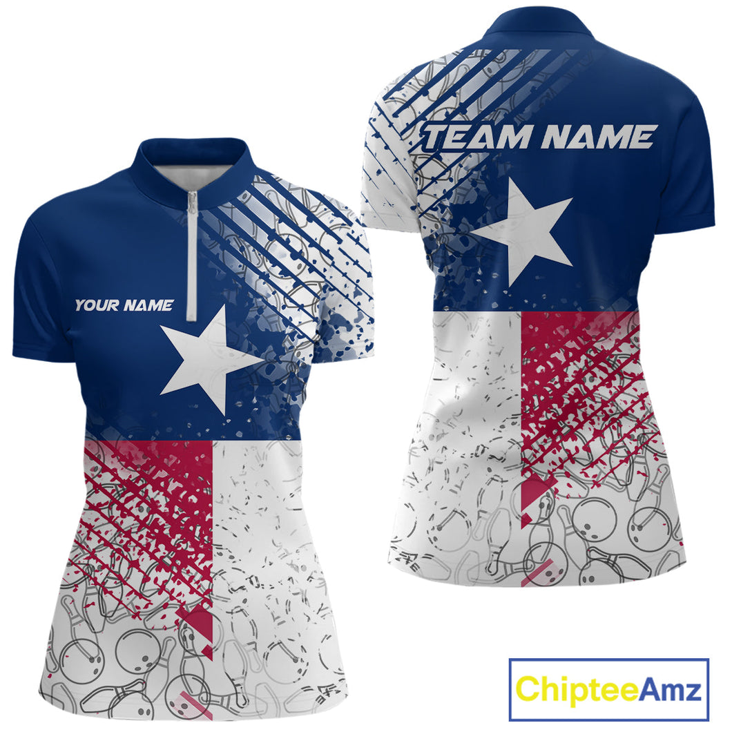 Custom Grunge Texas Flag Bowling Women Quarter Zip Shirt, Texas Bowling Tournament Shirt IPHW9633