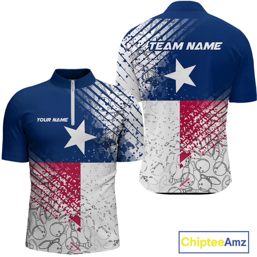 Custom Grunge Texas Flag Bowling Team Quarter-Zip Shirts For Men, Texas Bowling Tournament Shirt IPHW9633
