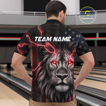 Custom Red Thunder Lightning Patriotic Lion Quarter-Zip Shirts For Men, US Flag Bowling Jerseys IPHW9319