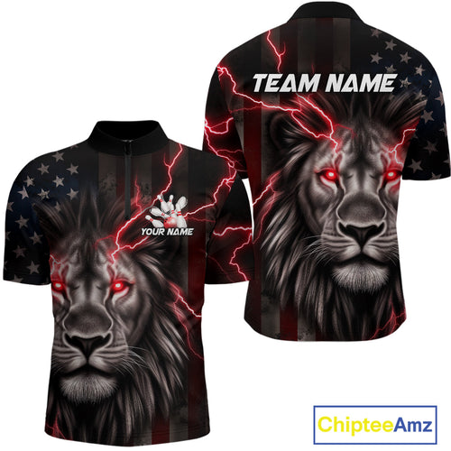 Custom Red Thunder Lightning Patriotic Lion Quarter-Zip Shirts For Men, US Flag Bowling Jerseys IPHW9319