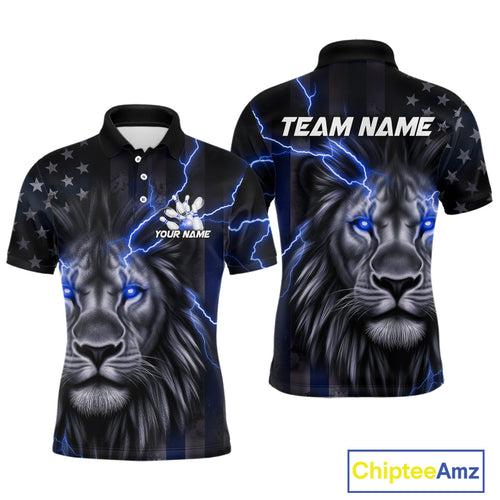 Custom Blue Thunder Lightning Patriotic Lion Polo Shirts For Men, US Flag Bowling Jerseys IPHW9320