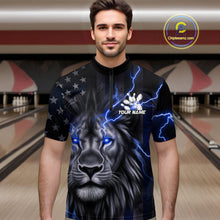 Load image into Gallery viewer, Custom Blue Thunder Lightning Patriotic Lion Quarter-Zip Shirts For Men, US Flag Bowling Jerseys IPHW9320