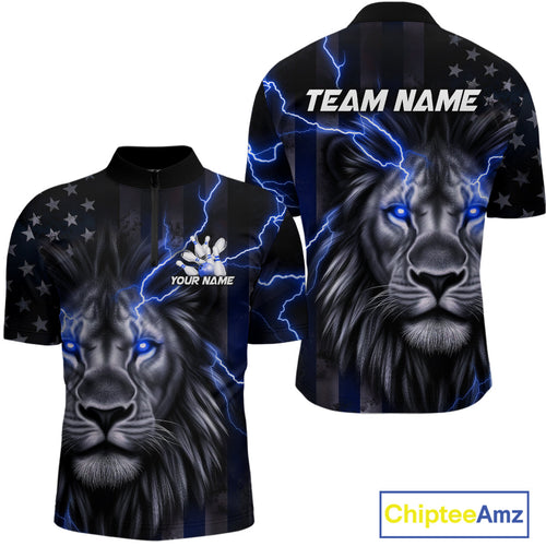 Custom Blue Thunder Lightning Patriotic Lion Quarter-Zip Shirts For Men, US Flag Bowling Jerseys IPHW9320
