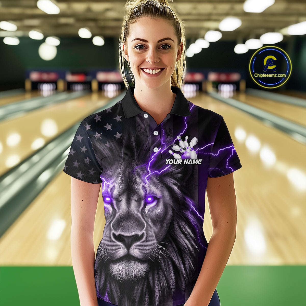 Custom Purple Thunder Lightning Patriotic Lion Women Polo Shirts, US Flag Bowling Jerseys IPHW9321