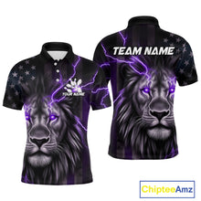 Load image into Gallery viewer, Custom Purple Thunder Lightning Patriotic Lion Polo Shirts For Men, US Flag Bowling Jerseys IPHW9321
