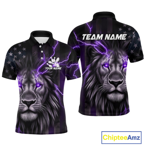 Custom Purple Thunder Lightning Patriotic Lion Polo Shirts For Men, US Flag Bowling Jerseys IPHW9321