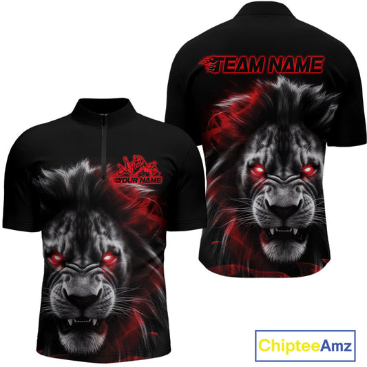 Custom Black And Red Lion Bowling Quarter-Zip Team Shirts For Men, Lion Bowling Jerseys IPHW9328