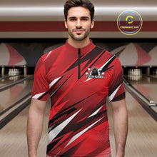 Load image into Gallery viewer, Man wearing a red bowling shirt with a personalized design in a bowling alley.
