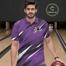 Load image into Gallery viewer, Man wearing a purple bowling shirt with a personalized name on a bowling alley.