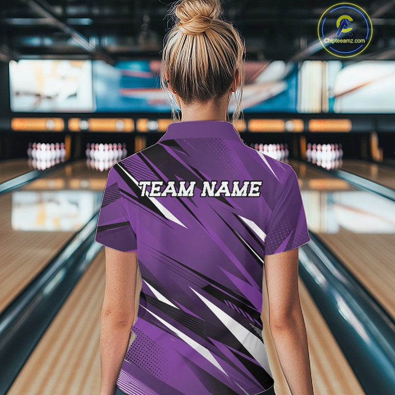 Person wearing a purple bowling shirt with 'TEAM NAME' text in a bowling alley.
