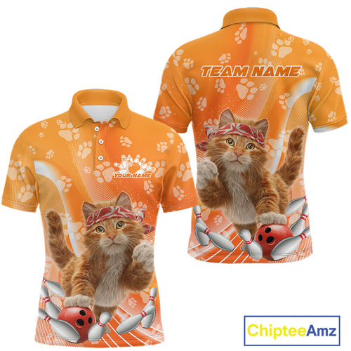 Custom Funny Orange Cat Bowling Men Polo Shirt, Cat Paw Team Bowling Shirt IPHW10103