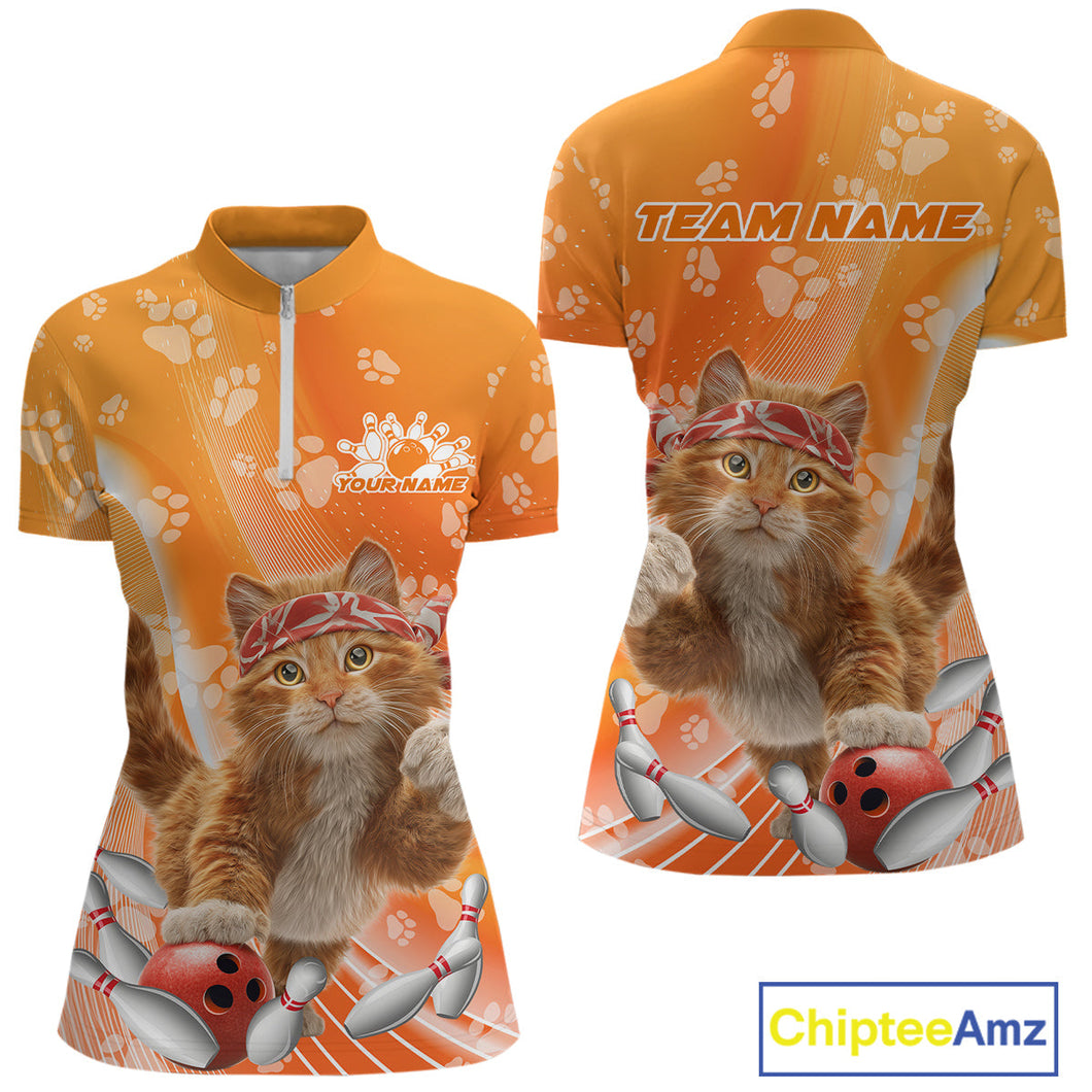 Custom Funny Orange Cat Bowling Women Quarter-Zip Shirt, Cat Paw Team Bowling Shirt IPHW10103