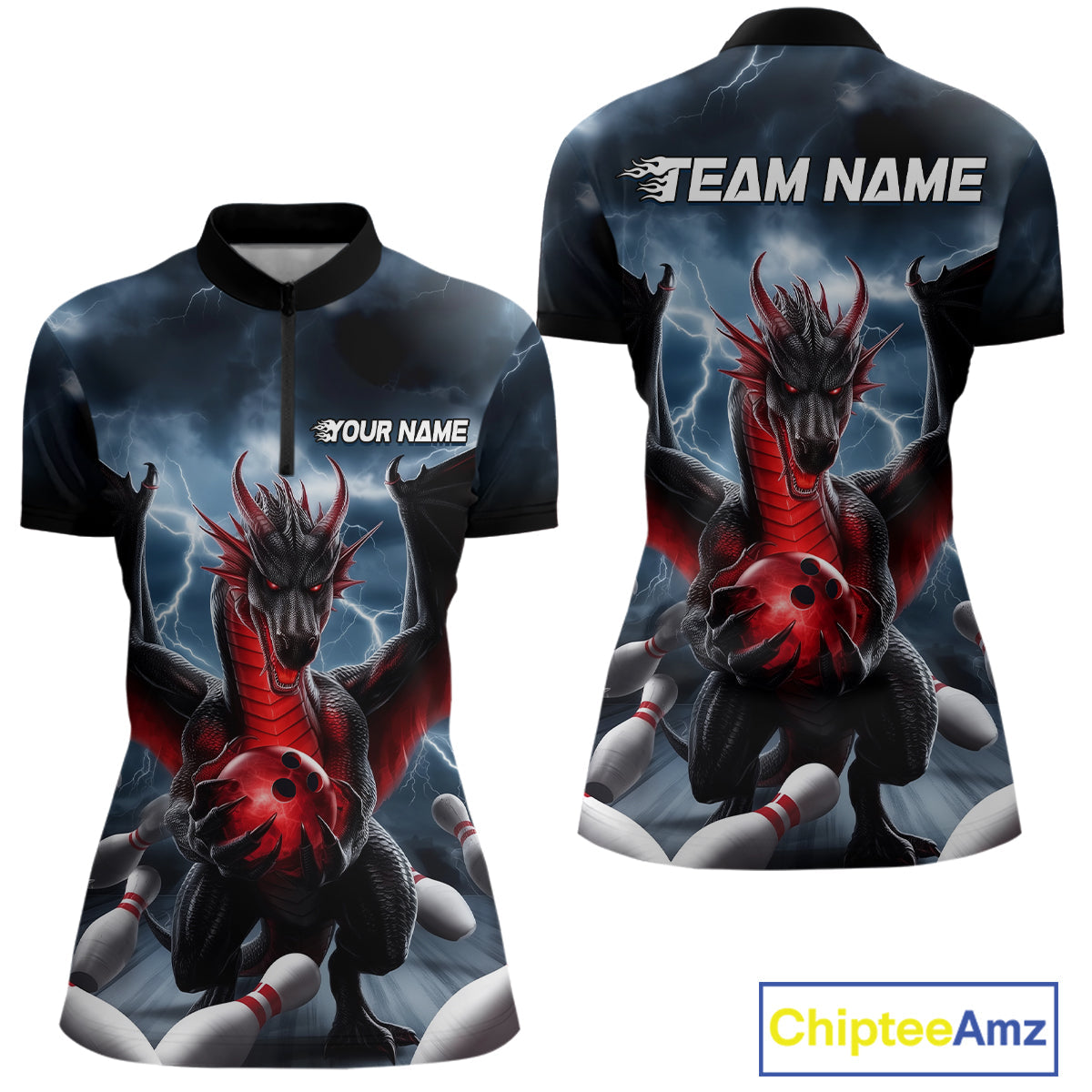 Custom Red Dragon Bowling Women Quarter-Zip Shirts, Dragon Bowling Team Tournament Outfit IPHW9106