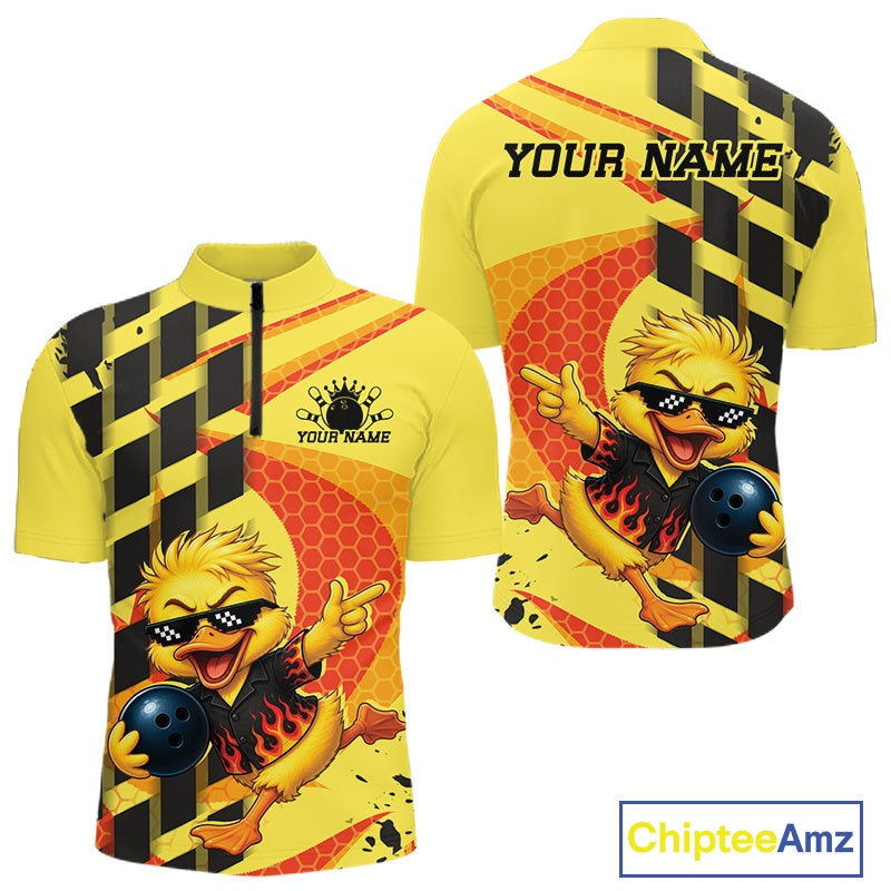 Custom bowling-themed short-sleeve quarter zip shirt shown from the front and back. The shirt features a bright yellow base with black and orange diagonal stripes, a cartoon chick character wearing black sunglasses and holding a bowling ball, a honeycomb pattern, and customizable text reading 'YOUR NAME'.
