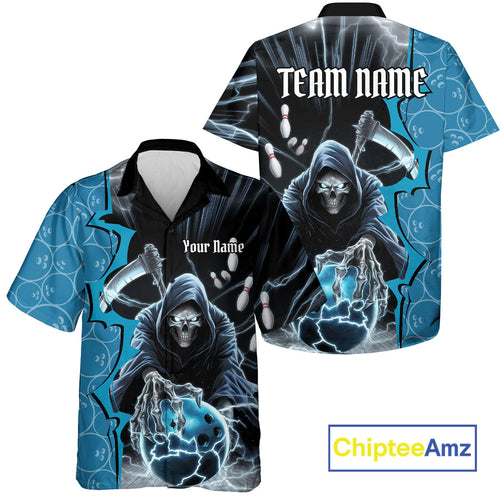 Custom Blue Thunder Lightning Grim Reaper Bowling Men And Women Hawaiian Shirt, Halloween Bowler Outfit IPHW9839