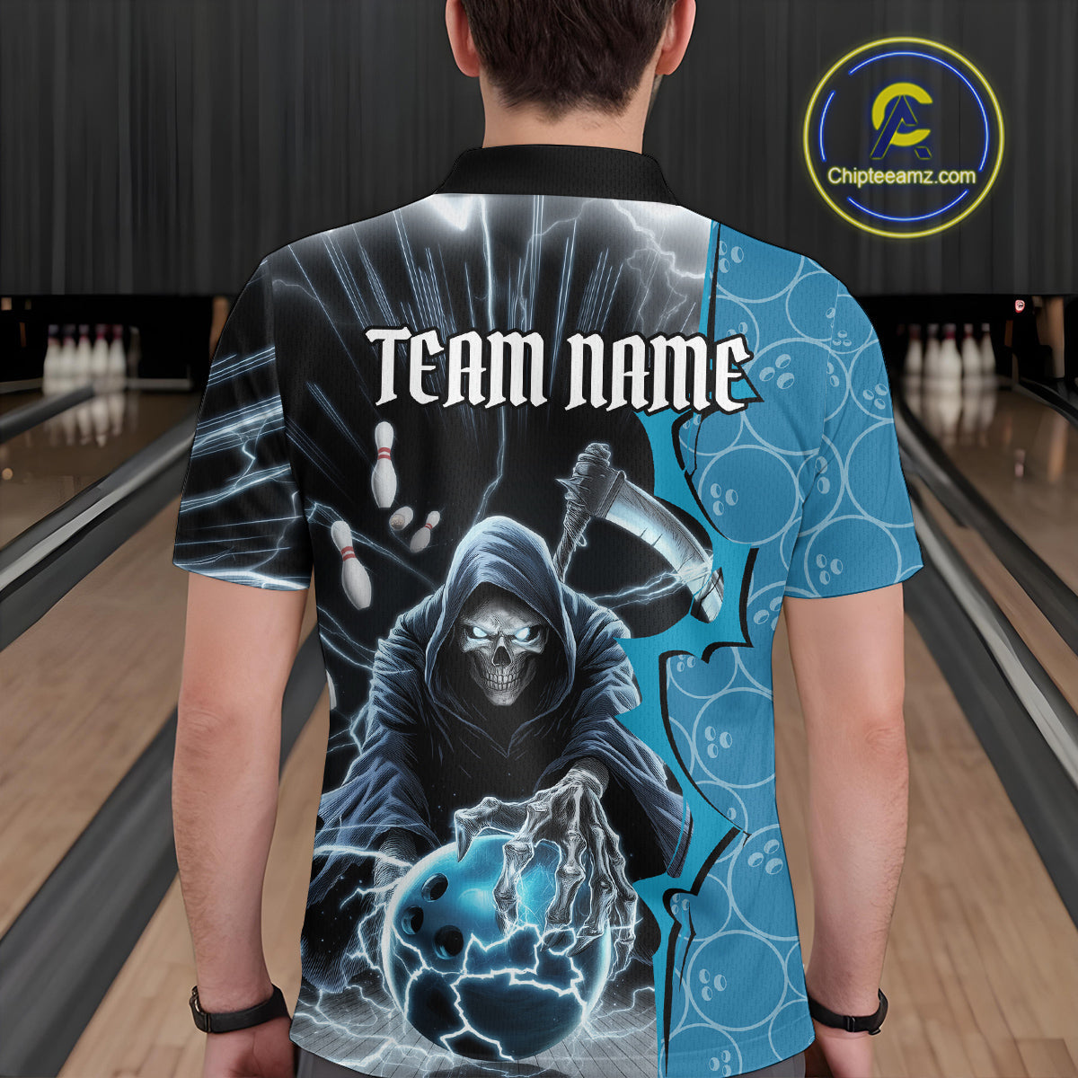 Custom Blue Thunder Lightning Grim Reaper Bowling Men Polo Shirt, Halloween Bowler Outfit IPHW9839