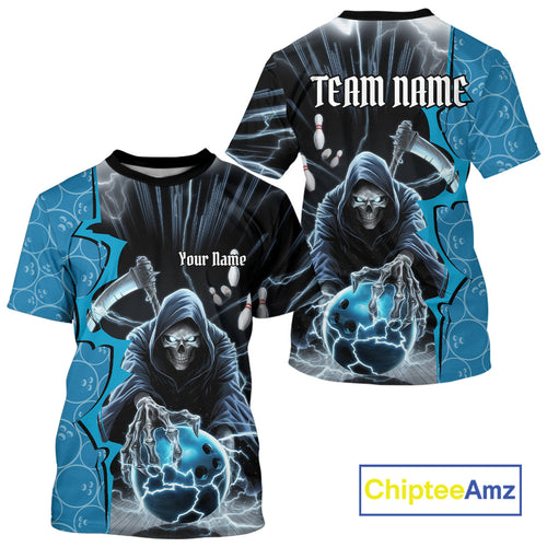 Custom Blue Thunder Lightning Grim Reaper Bowling Men T-Shirts Shirt, Halloween Bowler Outfit IPHW9839