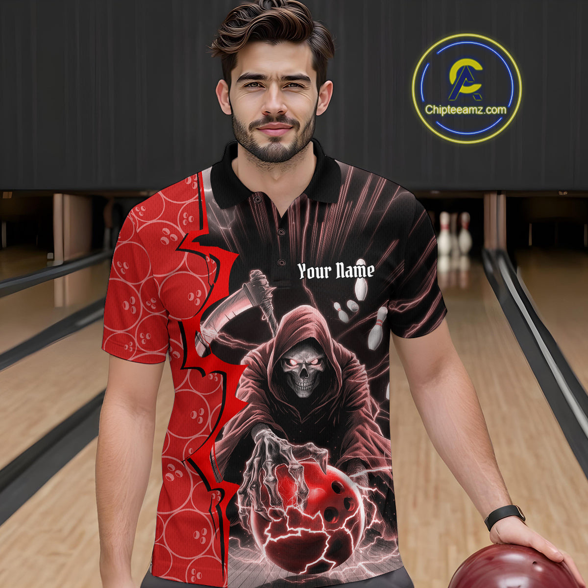 Custom Red Thunder Lightning Grim Reaper Bowling Men Polo Shirt, Halloween Bowler Outfit IPHW9840