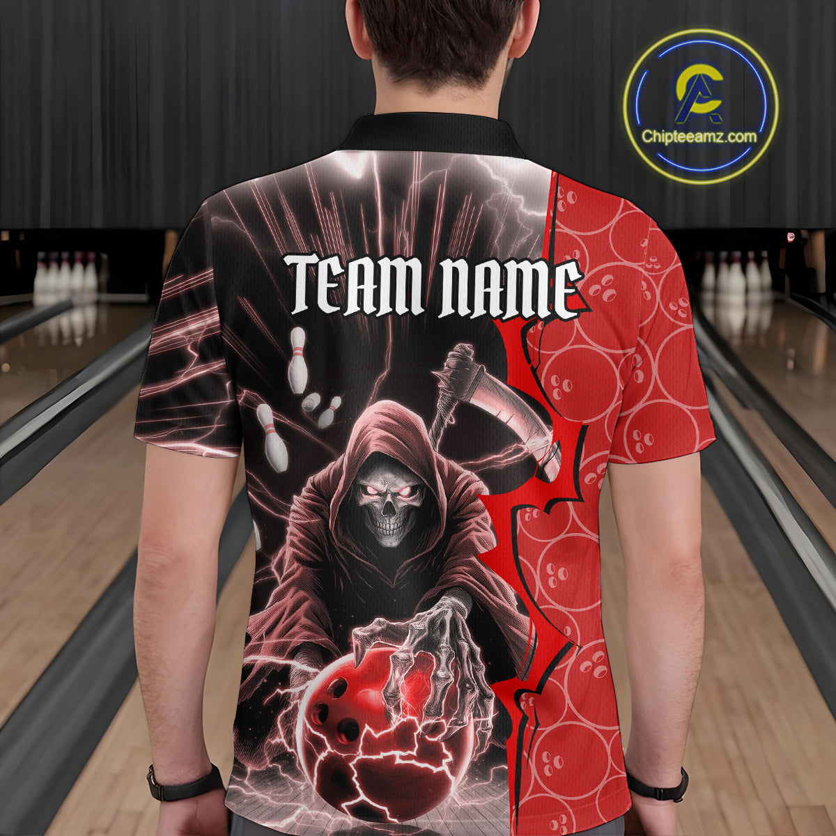 Custom Red Thunder Lightning Grim Reaper Bowling Men Polo Shirt, Halloween Bowler Outfit IPHW9840