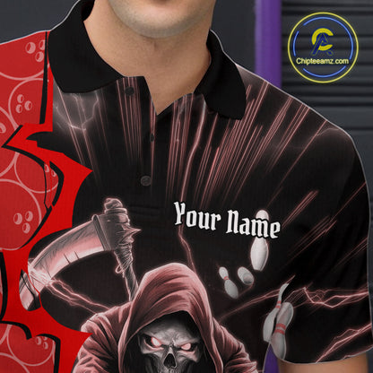Custom Red Thunder Lightning Grim Reaper Bowling Men Polo Shirt, Halloween Bowler Outfit IPHW9840
