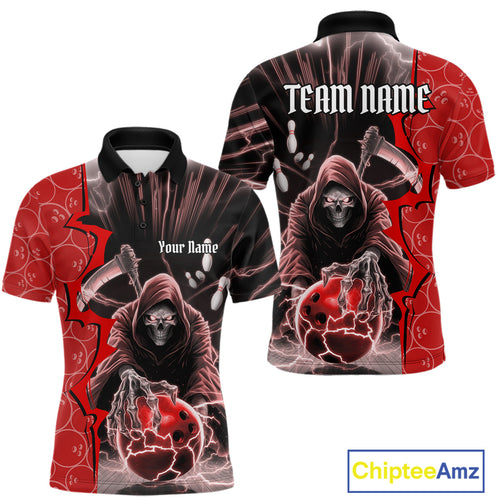 Custom Red Thunder Lightning Grim Reaper Bowling Men Polo Shirt, Halloween Bowler Outfit IPHW9840