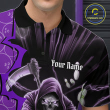 Load image into Gallery viewer, Custom Purple Thunder Lightning Grim Reaper Bowling Men Polo Shirt, Halloween Bowler Outfit IPHW9842